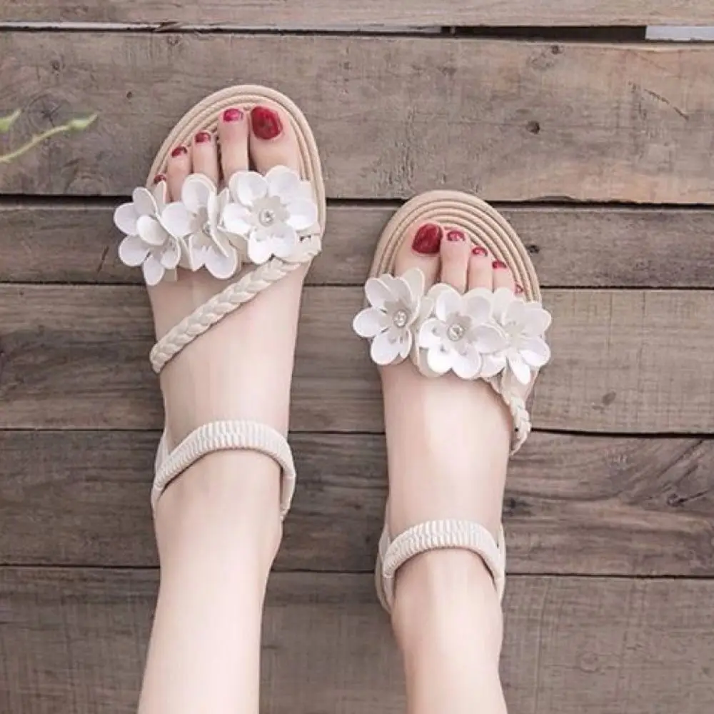 Sweet PU Leather Flower Sandals Women Open Toe Anti Odor Beach Slides Sandals Shoes Summer Flip Flops Beachwear