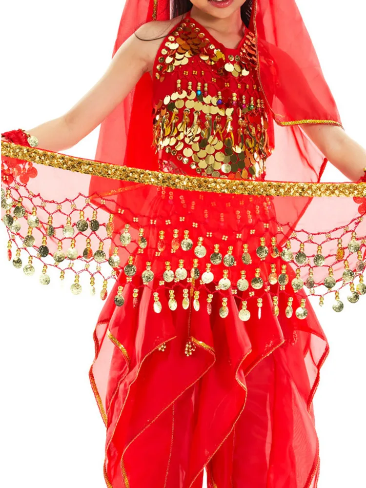 Sequins Oriental Dancing Halloween Costume Children\'s Belly Hip Scarf Performance Jazz Tassels Girl Fantasia Latin Clothes Arab