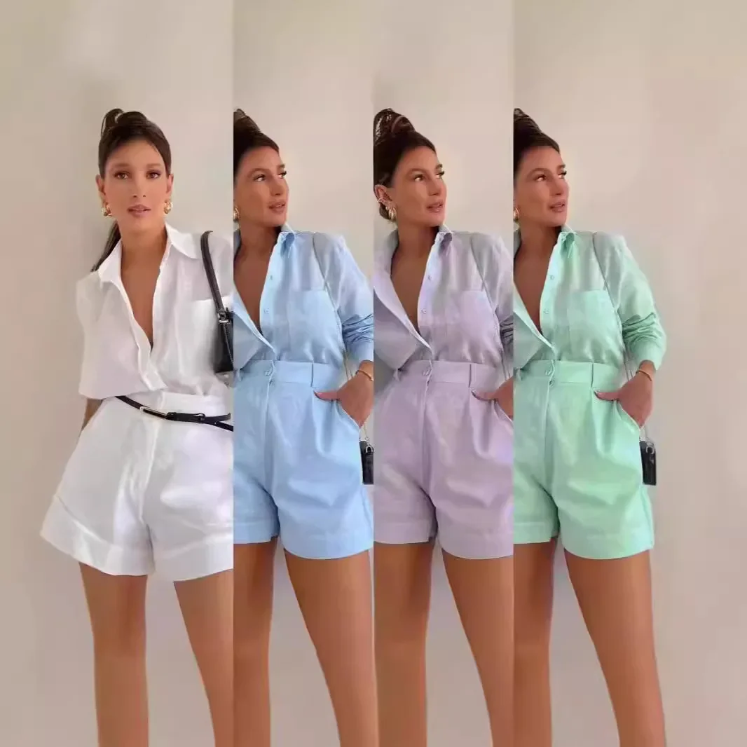 

Casual Shirt & High Waist Shorts Fashion Suit Women's New Loose Solid Color 2pcs Summer Set