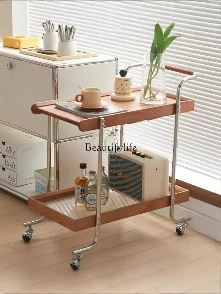 FGMedieval solid wood trolley shelf cherry wood color movable storage edge