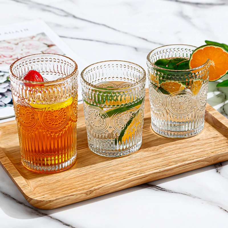 Nordic Cup with Golden Edge Vintage Sunflower Glass Cups Embossed Water Cup Juice Cup Breakfast Glass Wine Glass Household Glass