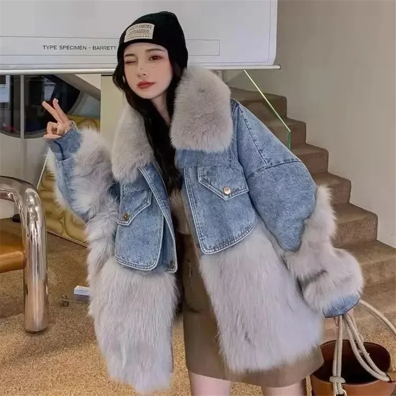 2023 Vrouwen Winter Mode Dikke Faux Vossenbont Jassen Dames Patchwork Denim Jassen Dames Lange Mouw Losse Warme Outwear Kleding