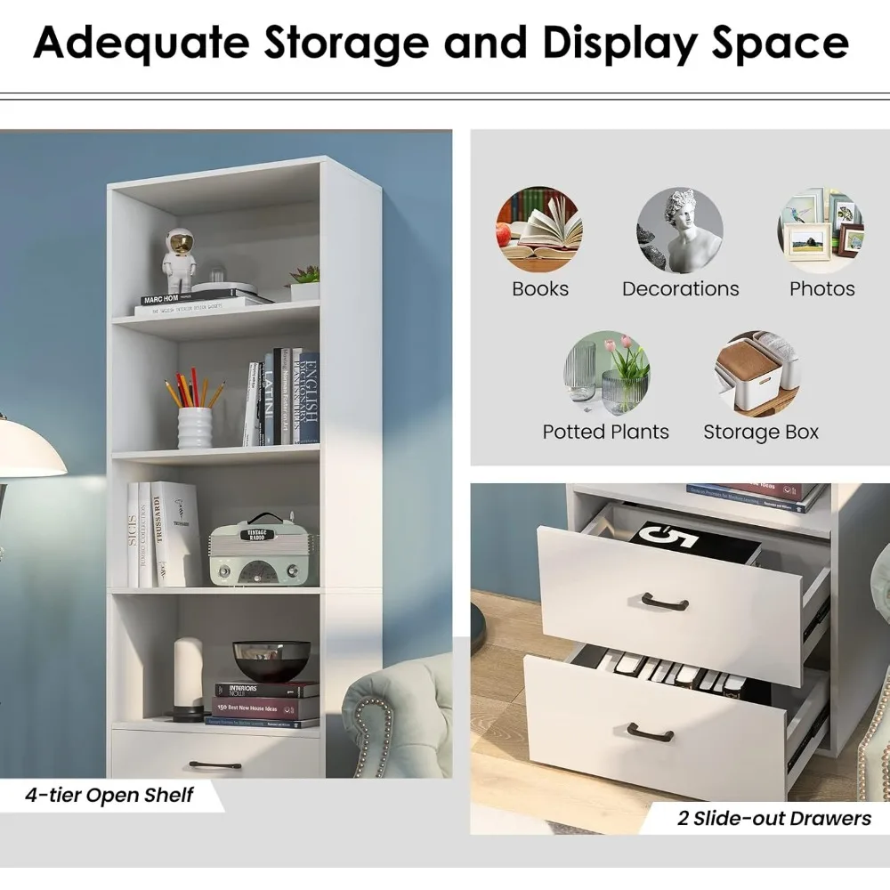 4 Shelf Bookcase with 2 Drawers, 74 Inch 4 Tiers Tall Open Bookshelf with 2 Slide-Out Drawers, Anti-toppling Device