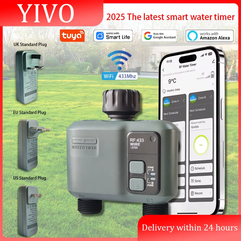 

2025New WIFI+RF433mhz Garden Watering Timer Smart Sprinkler Drip Irrigation System Built-in Water Flow Recorder Controller TUYA