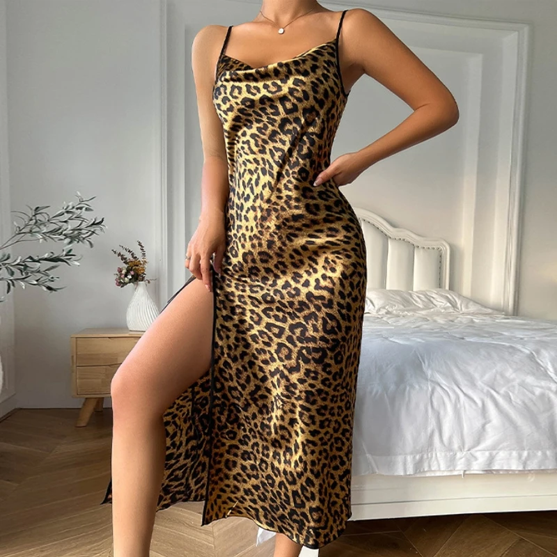 New Fashion Sexy Women's Leopard Print Dress Pure Desire Suspender Dress High-grade Satin Ladies Sleeveless Long Dress