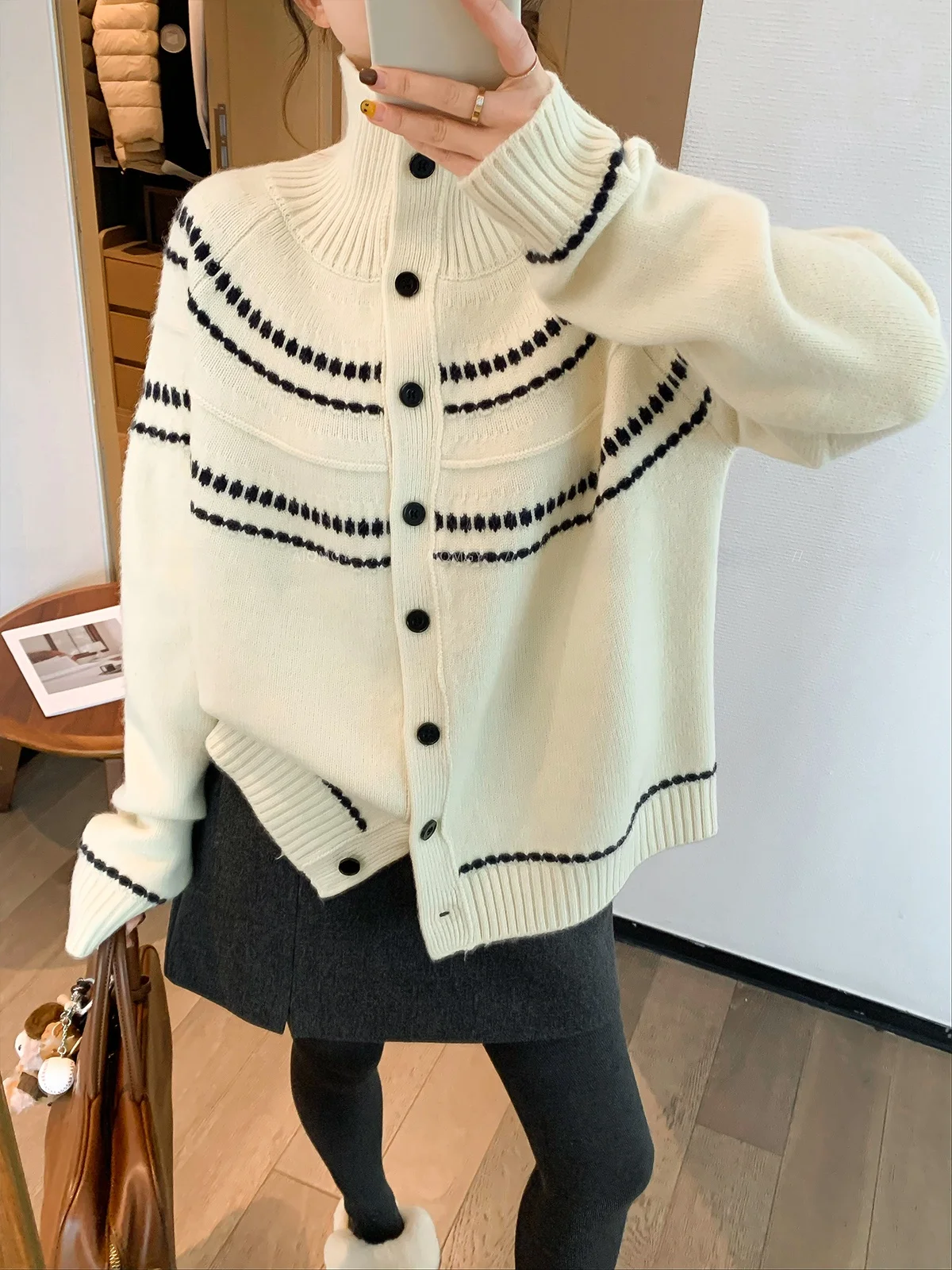 

Love Devil Fi Women's Knitted Thiened Long Sve Stand Collar Open Cardigan Winter New Sle Versatile Commute Faion