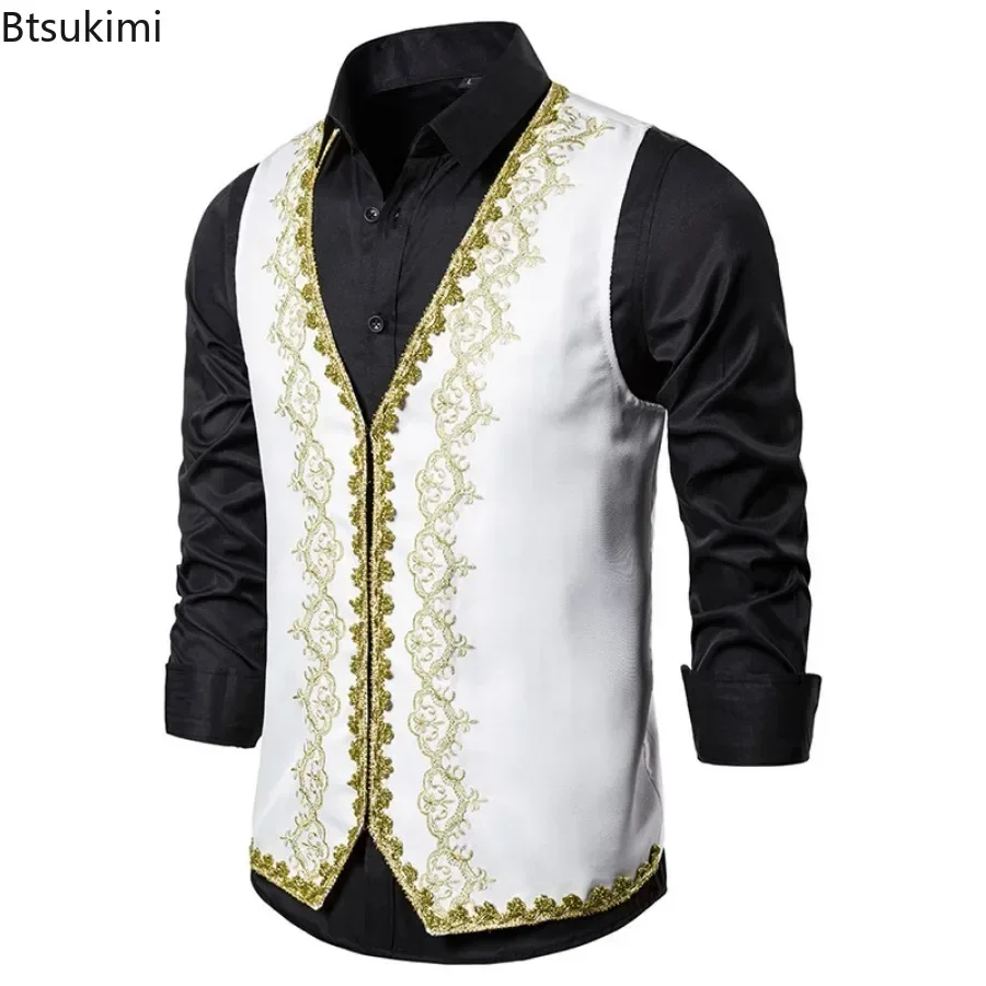 New Stylish Gold Embroidery Baroque Vests Men\'s Slim Palace Banquet Clothing Waistcoat Men Stage Prom Drama Opera Costume Gilet