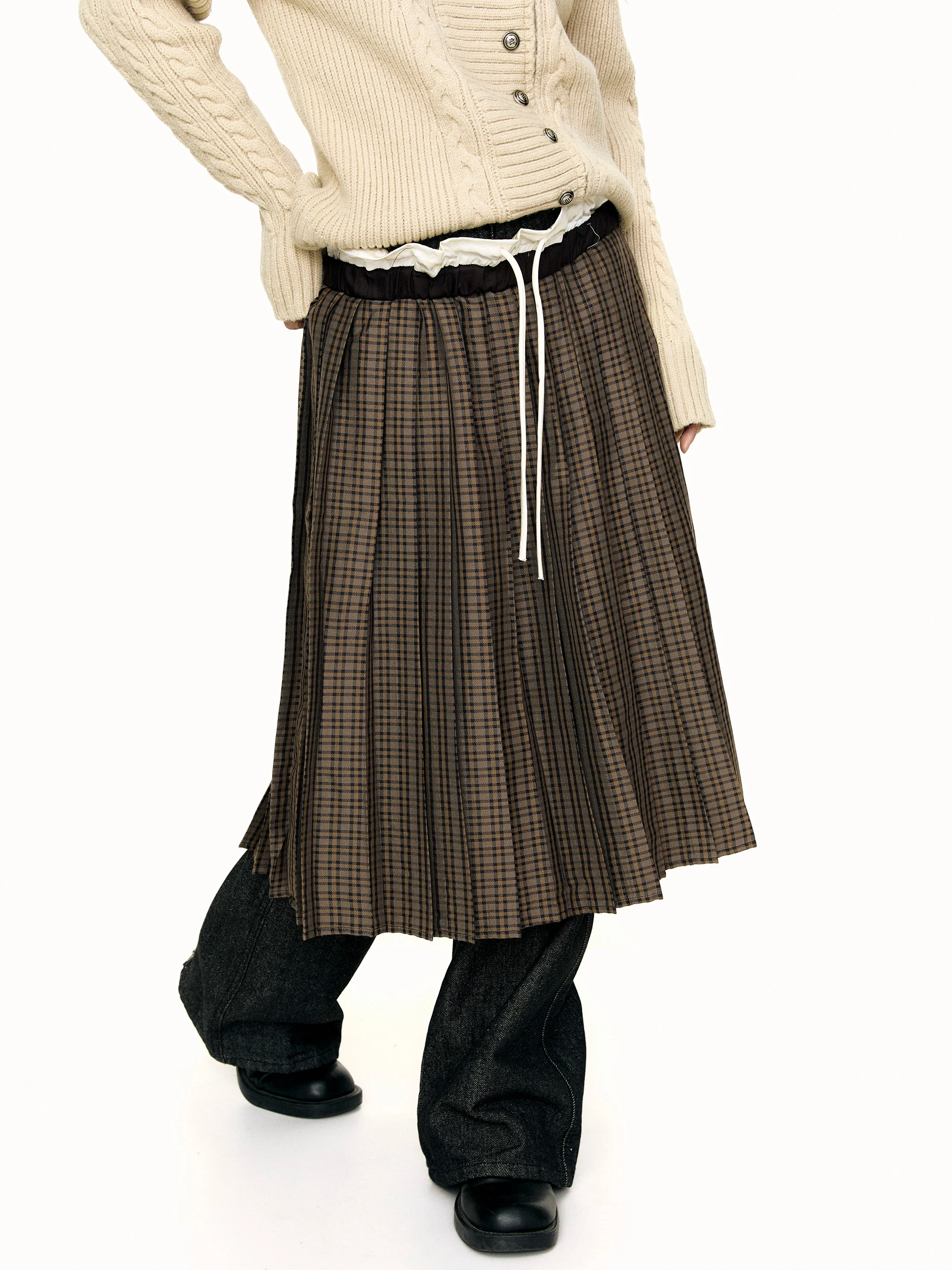 Retro College Style Plaid Brown  Skirt Color Block Drawstring Design Low Waist A-Line Midi Skirt Women's Fashion