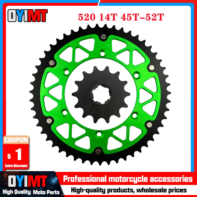 520 Motorcycle 14T 45T-52T Front & Rear Sprocket For KAWASAKI KDX200 KDX250 KX250 KX500 KLX300R KDX220R KDX 200 250 220 R KX 250