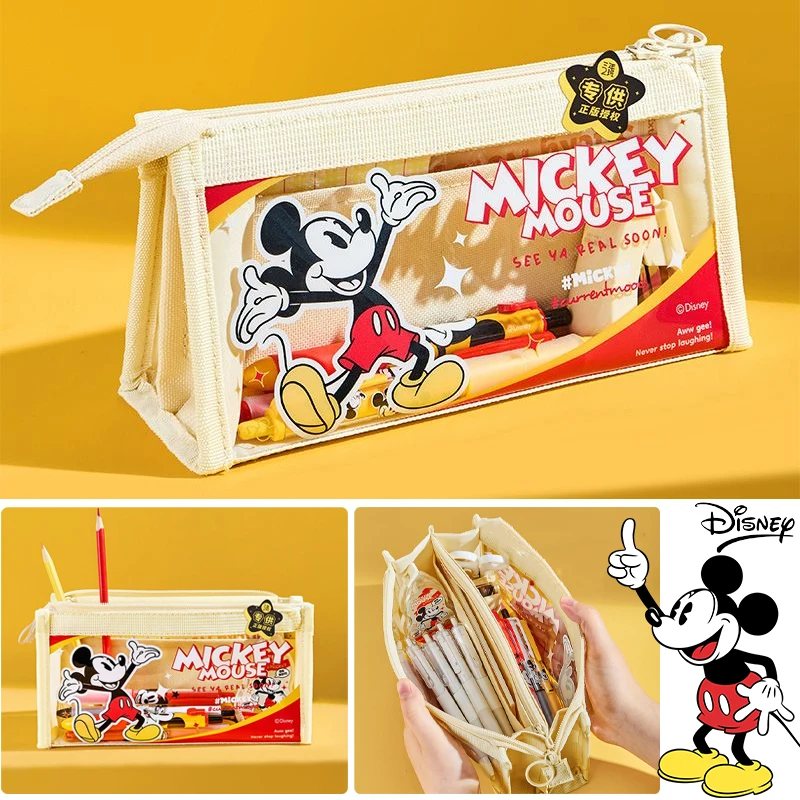 Disney Mickey Mouse Pencil Case Cartoon Transparent Large Capacity Pen Bag Anime Cute Student School Stationery Storage Bag Gift