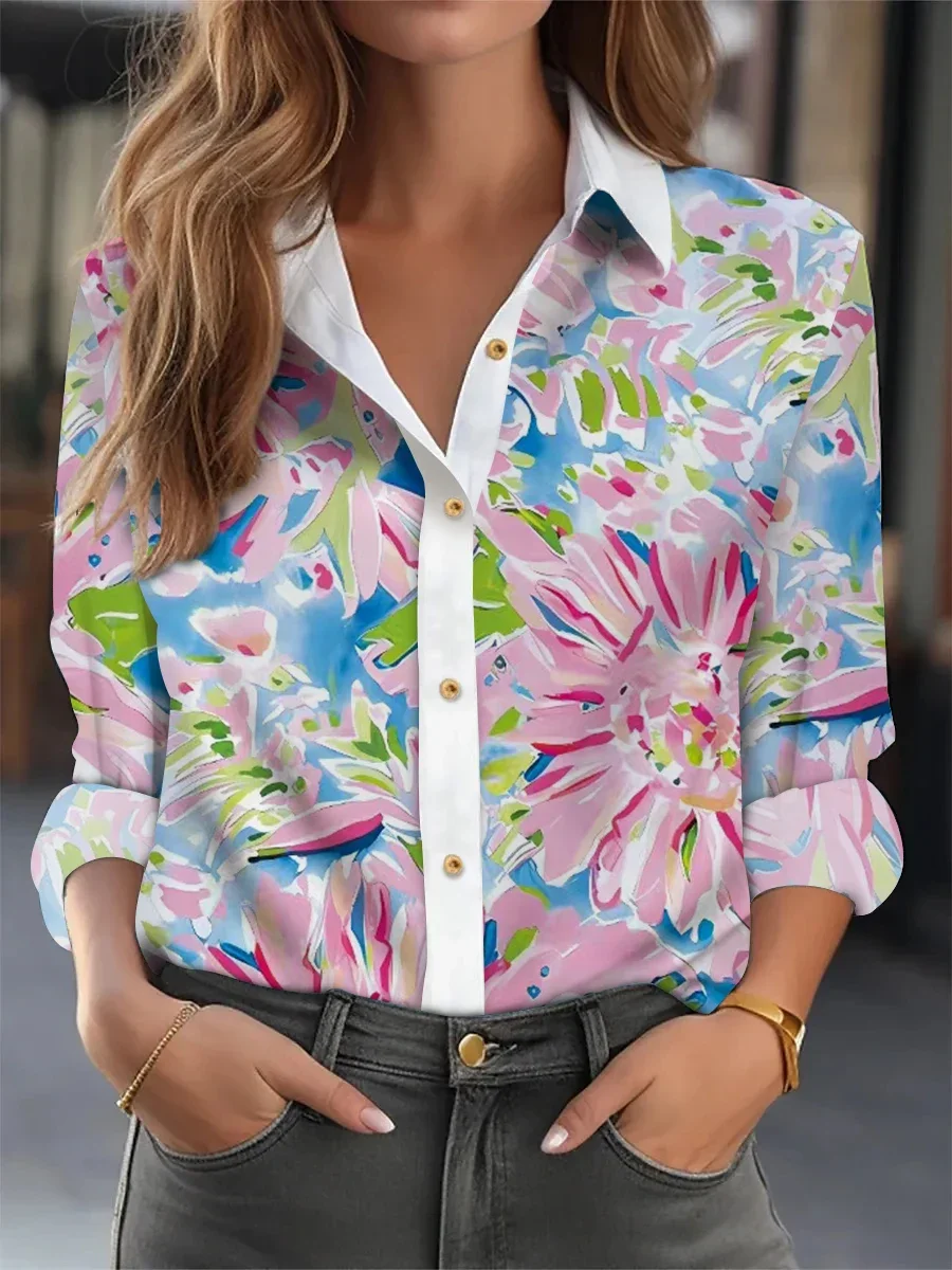 

Fashion Casual Women Long Sleeve Lapel Shirt 2025 Spring Autumn Loose Elegant Office Ladies Shirt Women Temperament Printed Tops