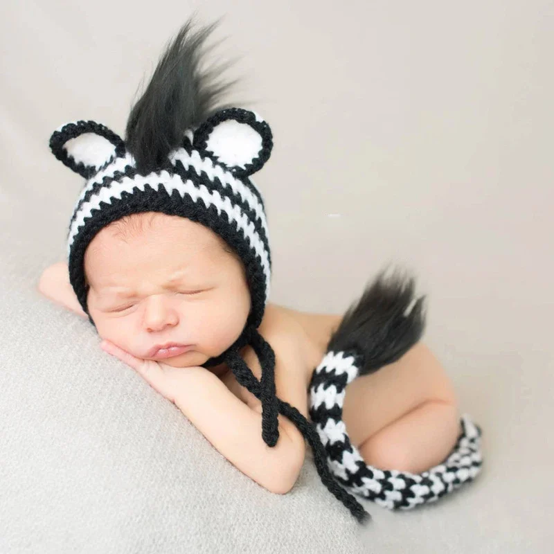 Newborn Photography Clothing Lion Zebra Design Woolen Knitted Baby Boy Girl Pictures Outfits Lionet Hat + Tail 2pcs Costumes