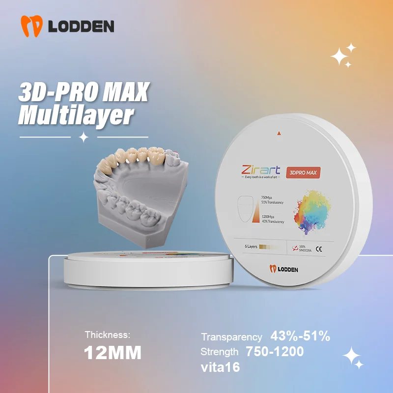 

LODDEN 1200PMa 6-слойный диск 3D PRO MAX Многослойные блоки циркония 98x12 мм для CAD/CAM Материалы для стоматологии Прозрачность 43-51%
