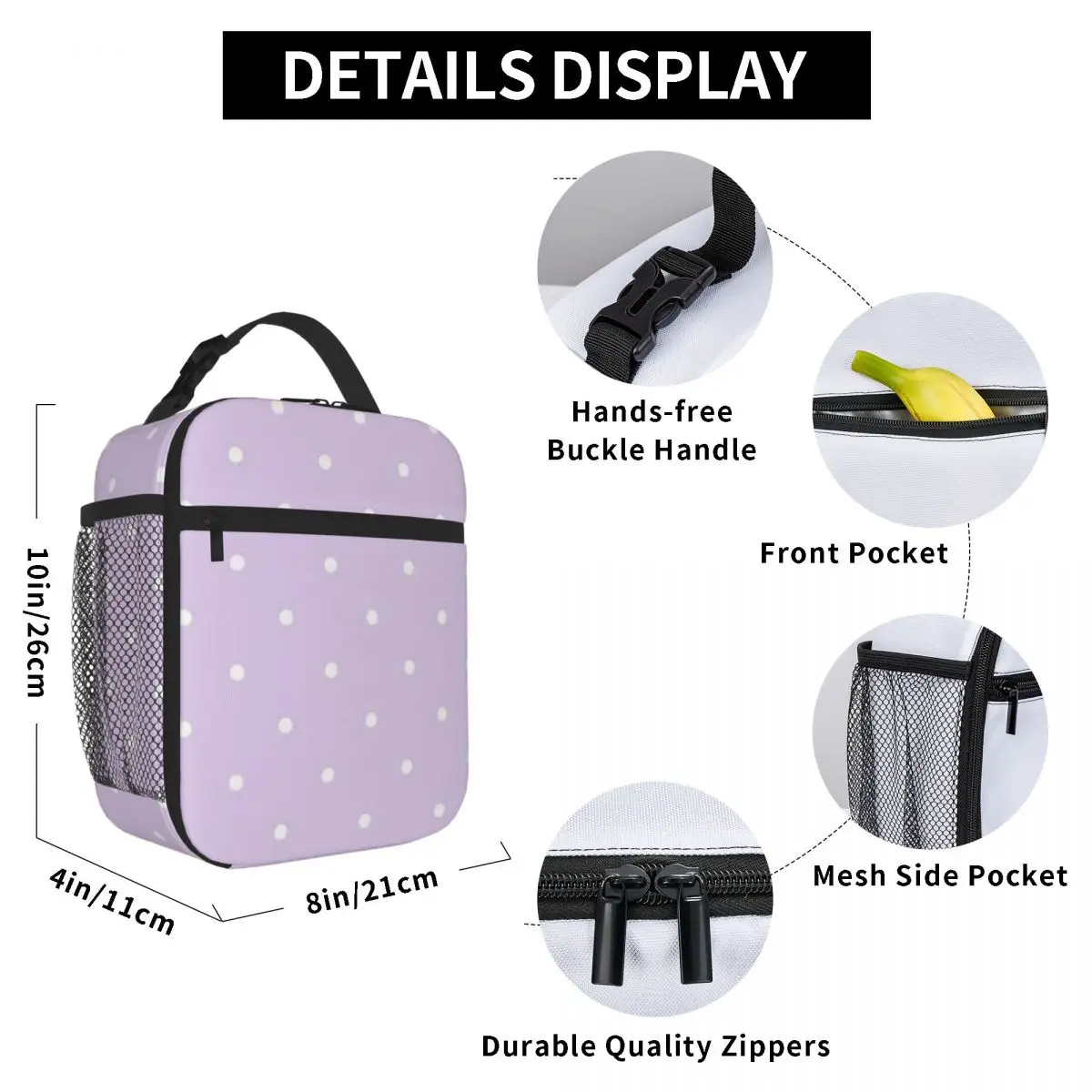 Bestselling Pastel Lilac And White Polka Dot Pattern Neutral Tone Cooler Lunch Bag Car Travel Commuter Lunch Bag view 6