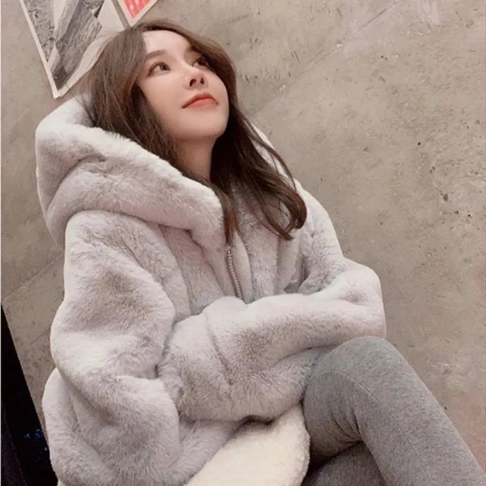 Winter Warm Thick Furry Overcoat Women Fashion All-match Plush Hooded Cardigan Faux Rabbit Fur Ladies Loose Clothing Coat