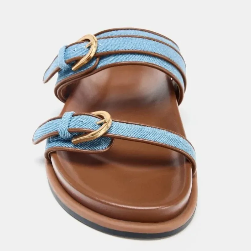 

Denim Metal Belt Buckle Brand Slippers for Women Open Toed Summer 2026 Platform Sandals Comfort Slides Fashion Casual Beach Shoe