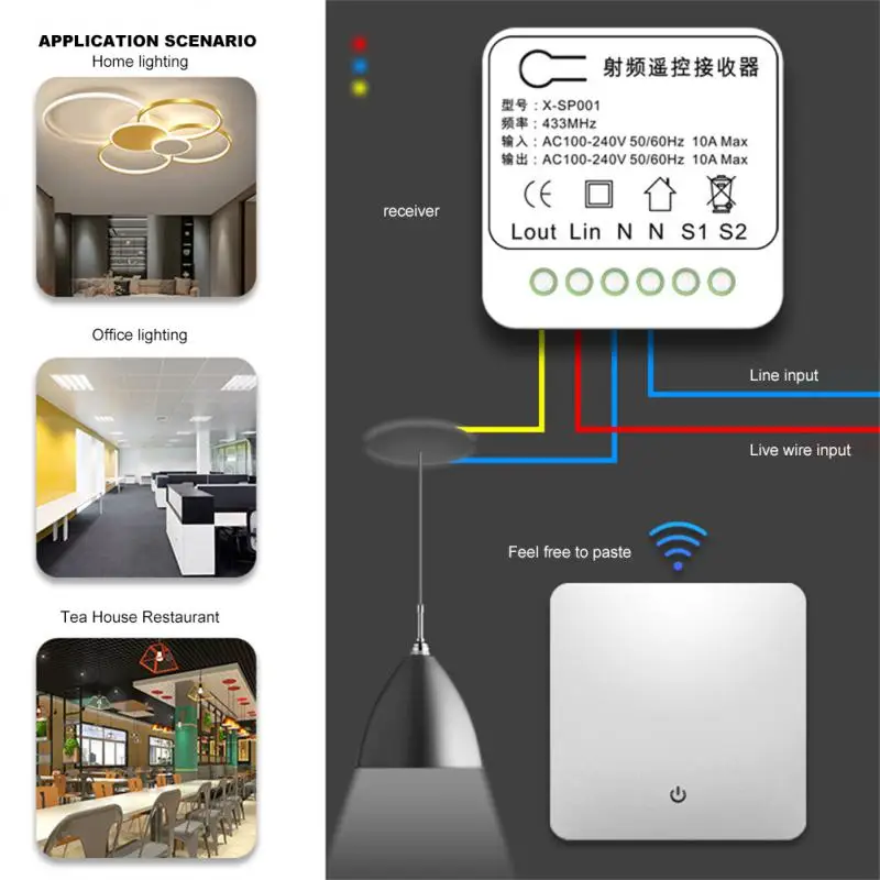 Aubess Wireless Smart Switch Light 433Mhz RF Wall Panel Switch With Remote Control Mini Relay Receiver Home Led Light Lamp Fan