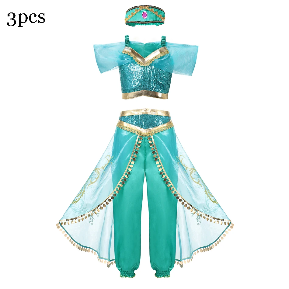 Disney Jasmine Princess Girl Costume 2PC Pants Set Carnival Cosplay Party Aladdin Children Clothing Halloween Performance Dress