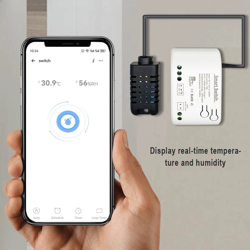 EWELINK Wifi Smart Temperature and Humidity Switch With 1M Sensor 10A Passive Dry Contact Switch Ewelink Supports Voice Control