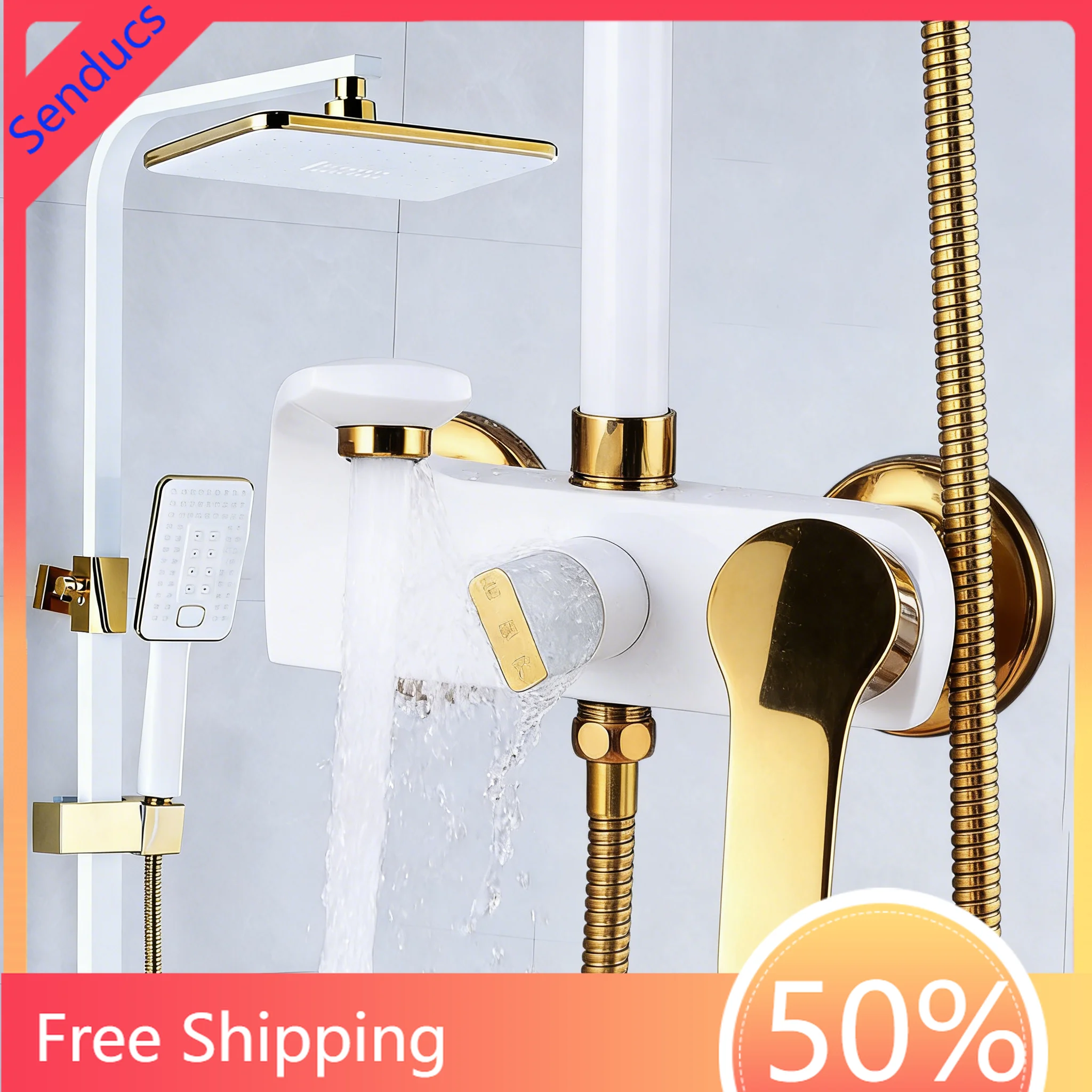 White Gold Bathroom Shower System 12 Inch Rain Shower Head Brass Hot Cold Bathroom Faucets Thermostatic Bathroom Shower Set