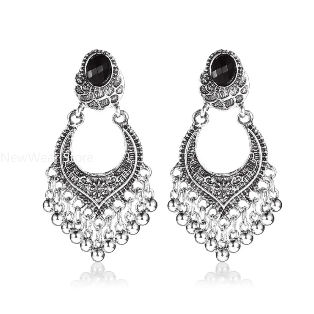 Metal Vintage Tassel Earrings Fashion Jewelry 2024 Indian Boho Carved Ancient Silver Color Drop Earrings for Women