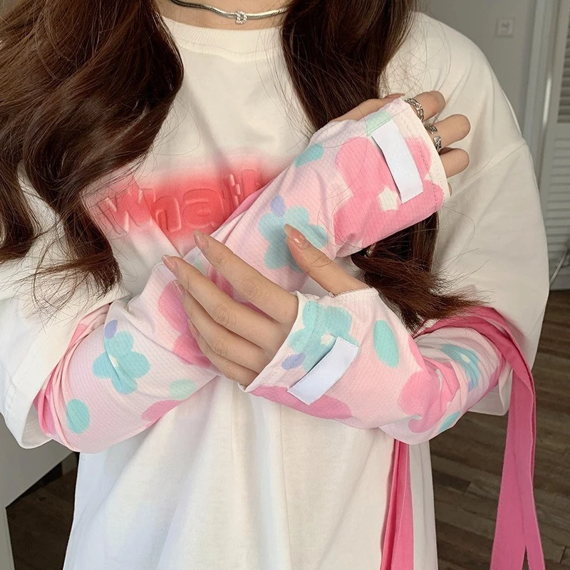 1 زوج الأزهار نمط المرأة أكمام أذرع تبريد الدراجات مكافحة حروق الشمس كم كول إفشل أغطية للذراع في الهواء الطلق حماية الشمس الجليد الحرير كم