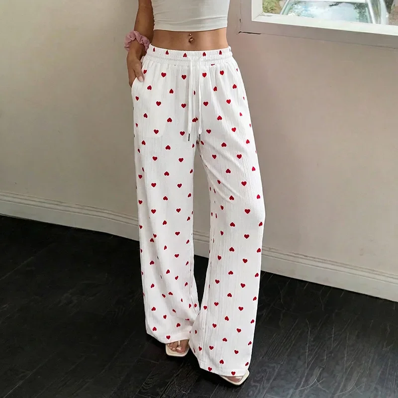 Women's Heart Print Drawstring Waist Wide Leg Pants High Waist Loose Fit Casual Trousers Slimming Versatile Commuter Long Pants