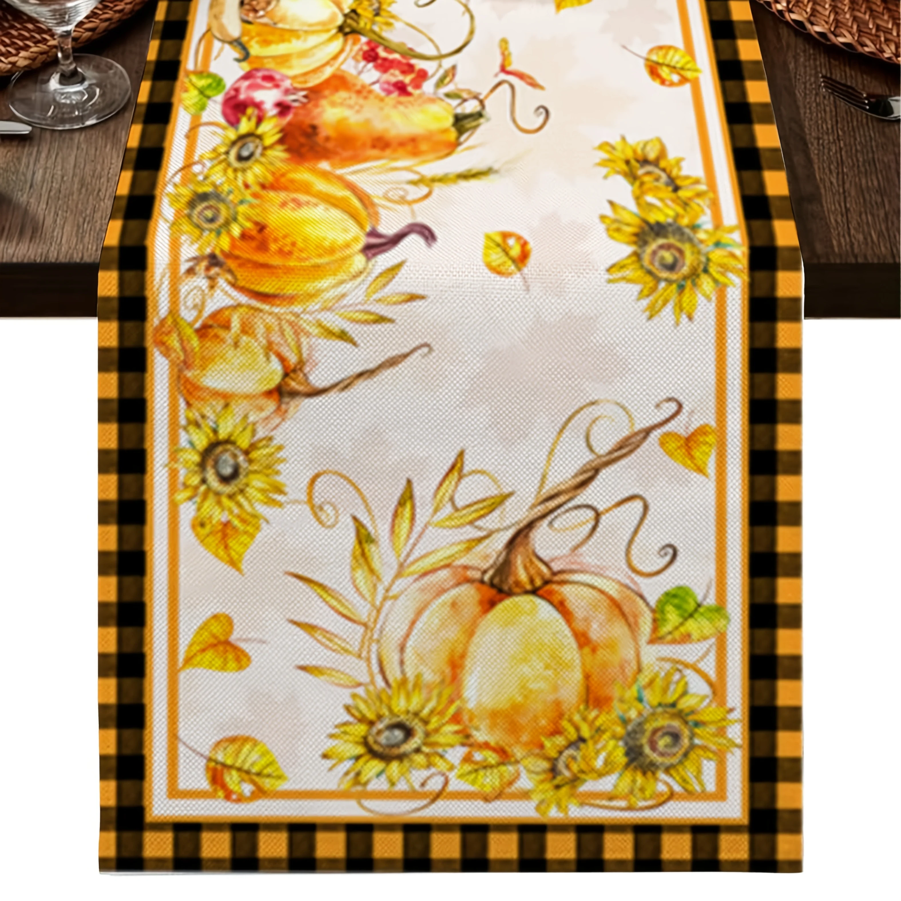 

1Pc Thanksgiving Farmhouse Style Table Runner - Pumpkin Maple Leaf Plaid Pattern with Sunflower, Suitable for Restaurant, Home, Harvest Party, Pastoral Decor, Market Display.