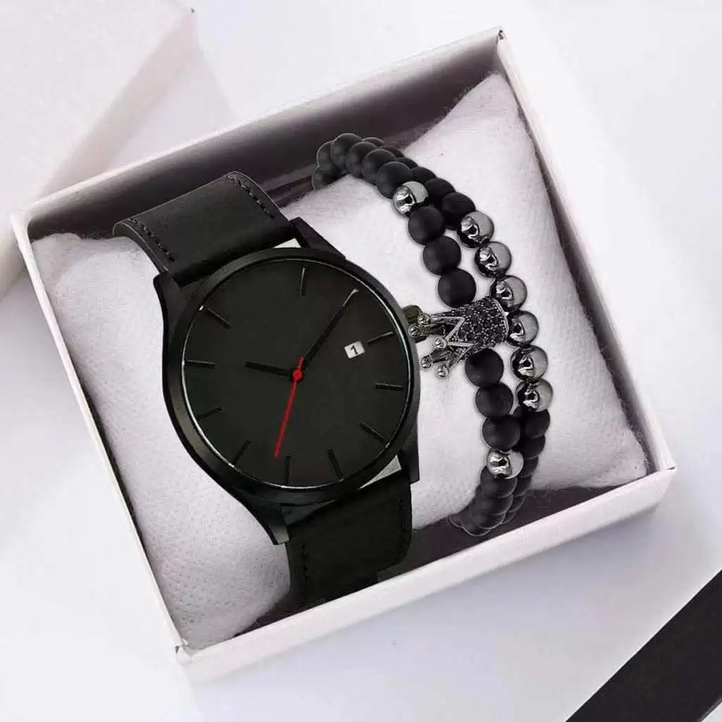 Foreign trade men's casual fashion calendar belt watch explosive two-piece with bracelet gift set quartz men's watches