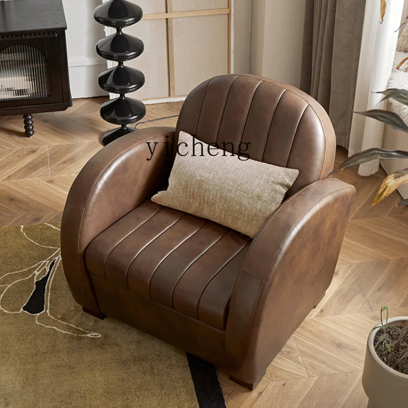 

ZC Retro Leather Solid Wood Sofa Single Small Apartment Living Room Recliner Couch