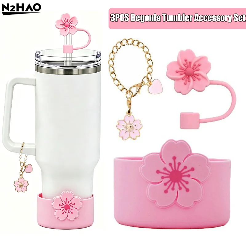 1*Tumbler Straw Cover & Water Bottle Silicone Boot & Tumbler Charm Set, Begonia Shape Straws Lid Cap And Tumbler Charm Pendant