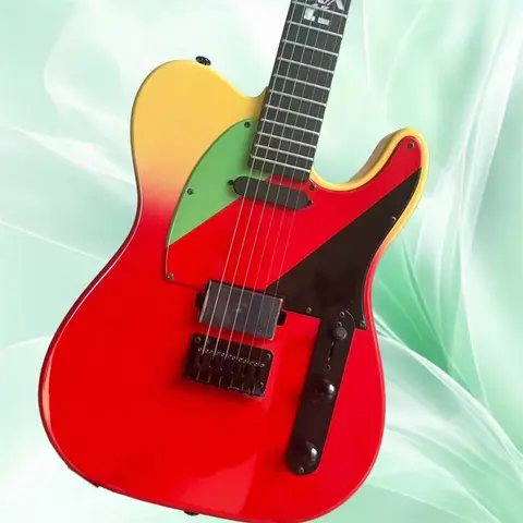 High-quality six-string electric guitar, with a two-tone body, rosewood fretboard, black hardware