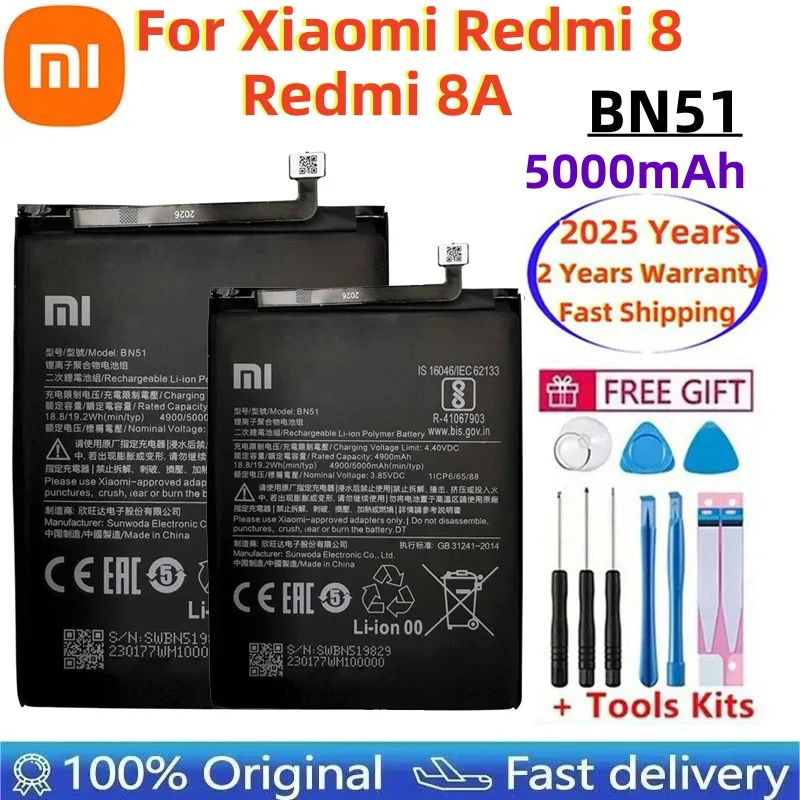 

2025 Years 100% Orginal BN51 5000mAh Battery For Xiaomi Redmi 8 Redmi 8A Redmi8 Replacement Batteries Bateria Fast Shipping