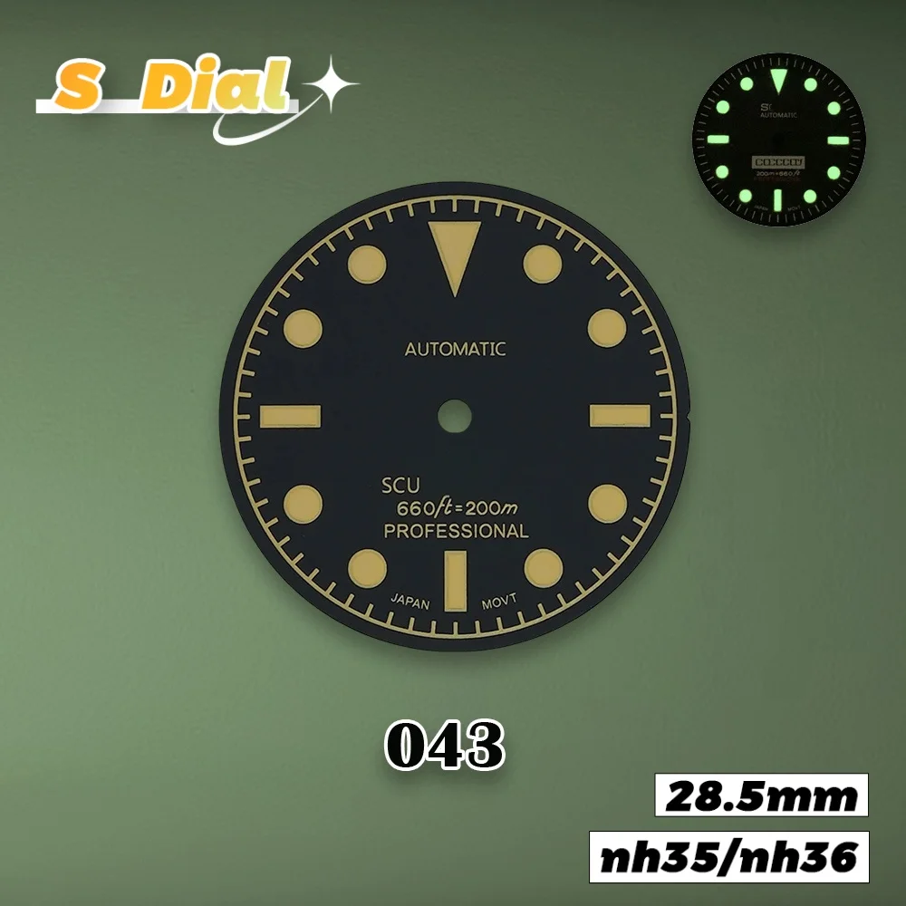 جديد 28.5 مللي متر S شعار NH35 الهاتفي الرجعية الفرعية الأسود الهاتفي صالح NH35/NH36/4R/7S الحركة اليابانية C3 الأخضر مضيئة ساعة اكسسوارات