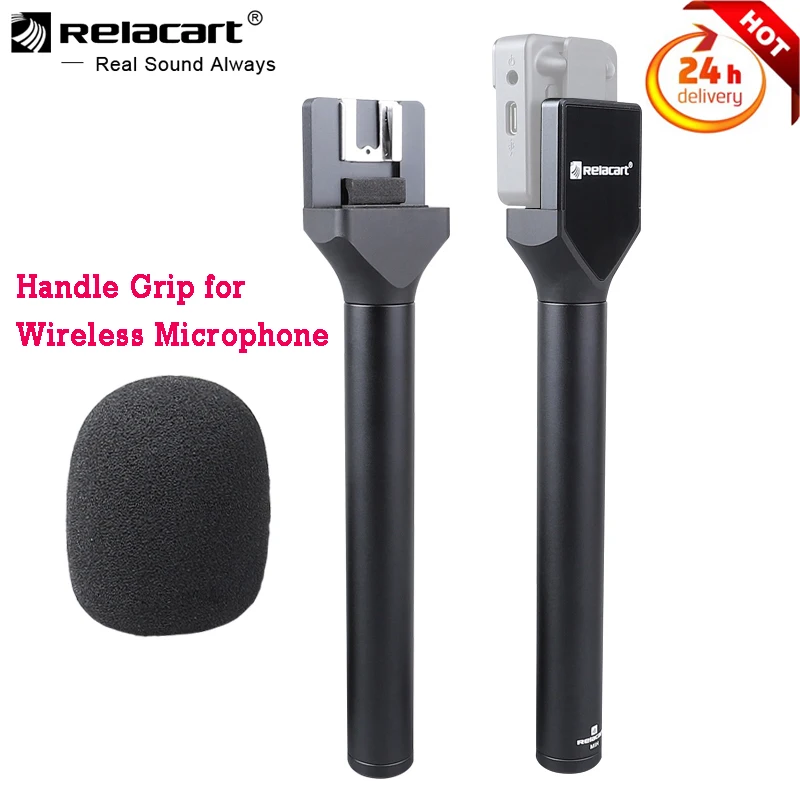 Relacart Wireless Microphone holder interview Handheld transmitter cold shoe Handle Grip with Windscreen for Interview Recording