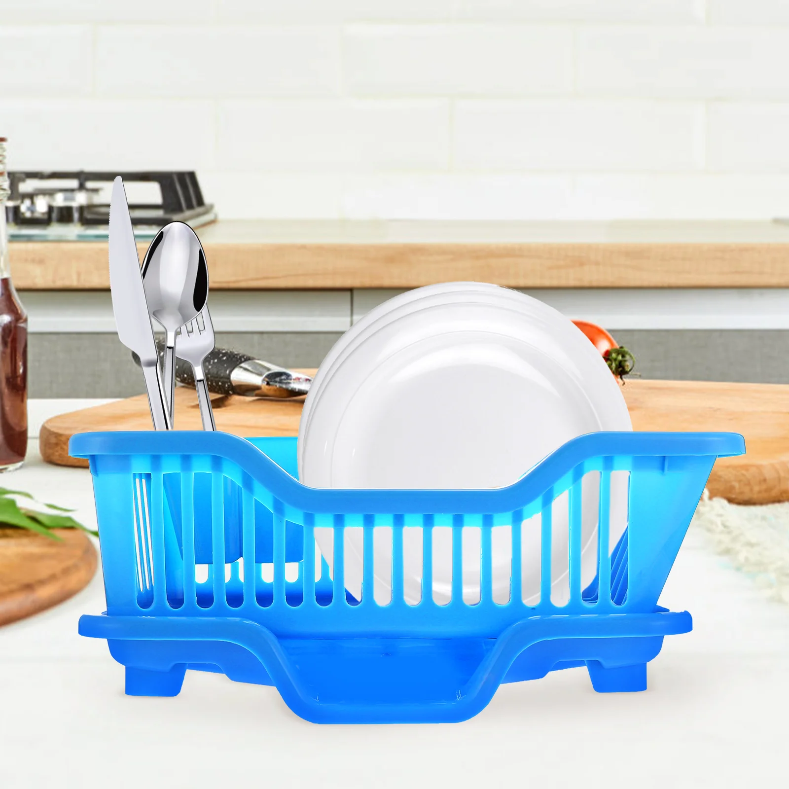 Support d'assiettes, étagère de cuisine, panier de rangement, égouttoir à vaisselle domestique, support de vaisselle en plastique bleu, vaisselle