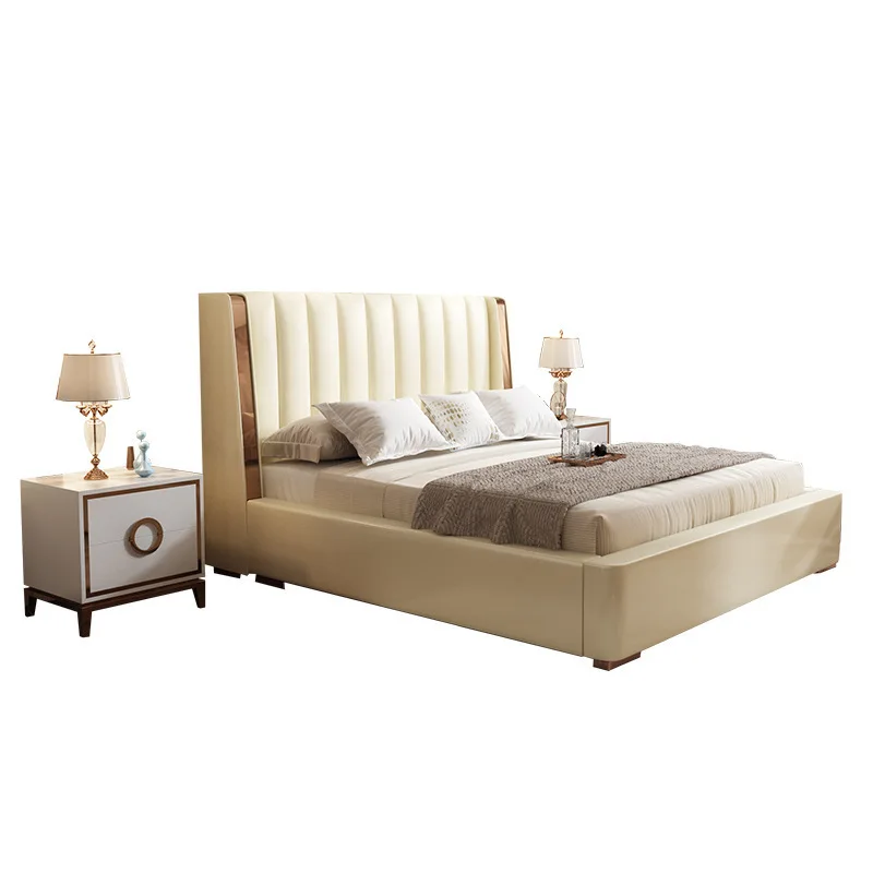 

Light luxury simple first-layer leather bed, double bed, storage high box