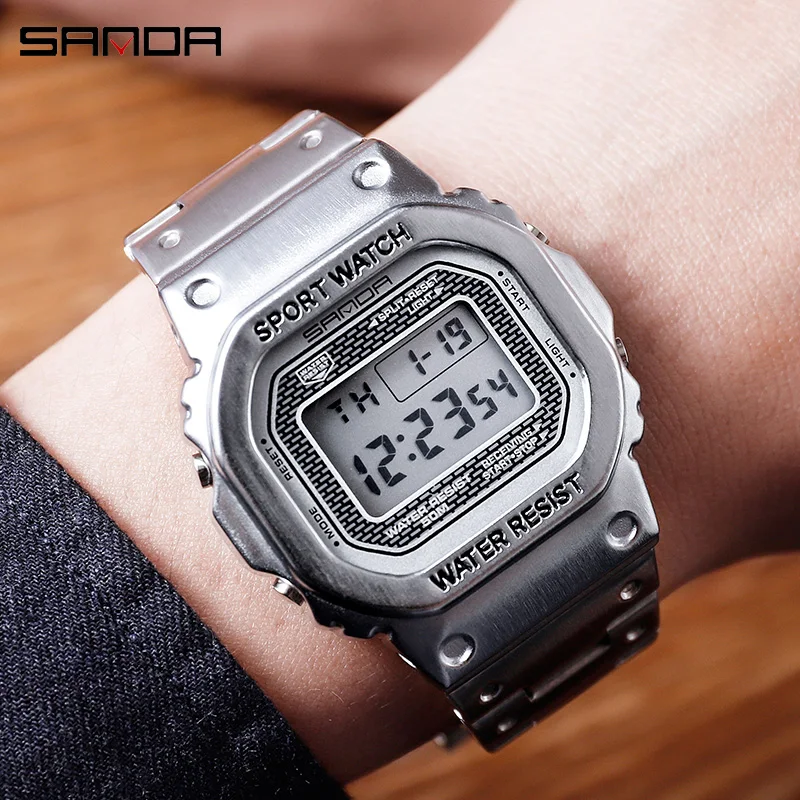 SANDA Top Brand Luxury Men\'s Watches LED Digital Sports Watch Casual Waterproof Wristwatch stainless steel Male Electronic Clock