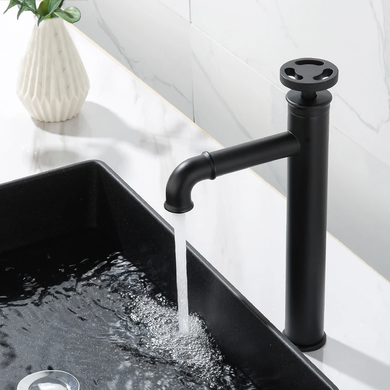 Grifos de lavabo estilo Industrial Retro, grifo de baño con grúa de latón negro mate, grifo mezclador de agua fría y caliente torneira WF-20A03R