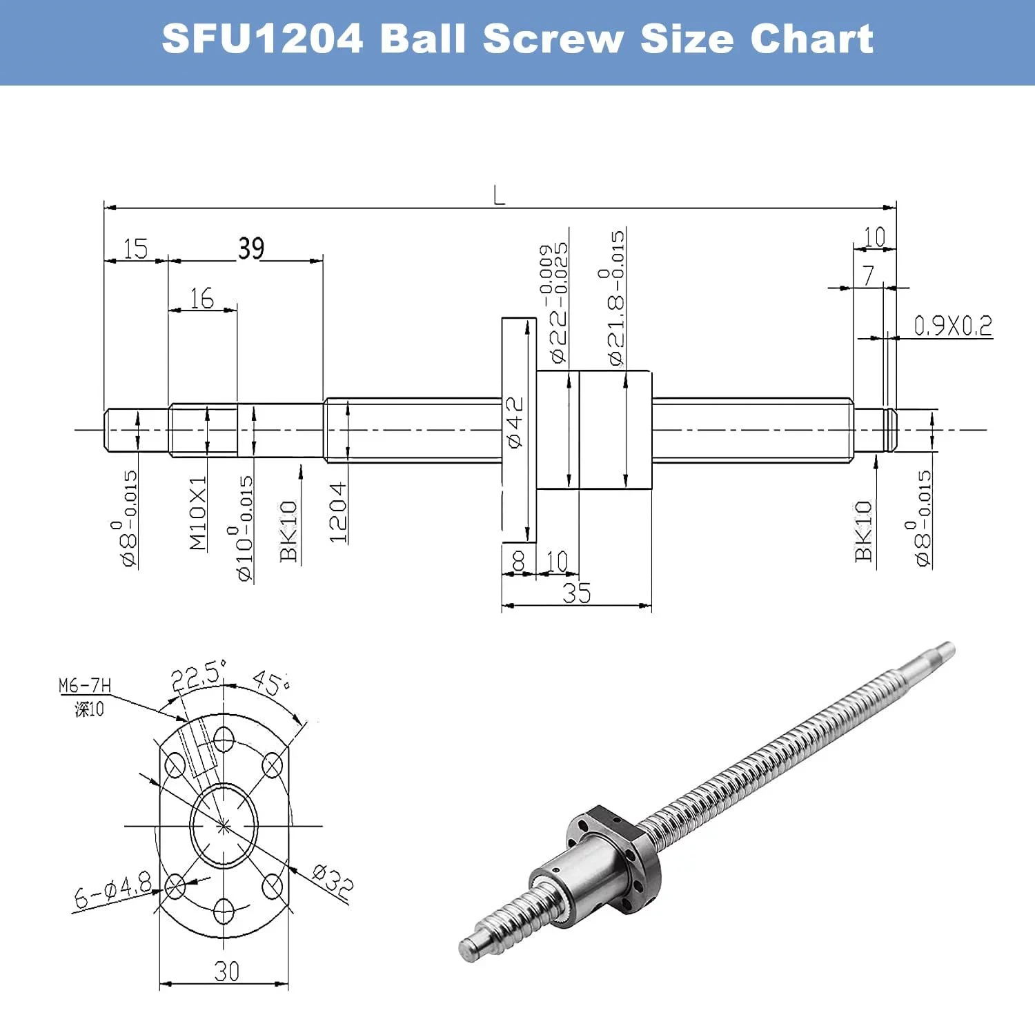 SFU1204 kogelomloopspindel 1204 lineaire beweging 300 500 550 mm C7 kogelomloopspindel met enkele kogelmoer voor CNC-onderdelen BK / BF10 eindbewerkt