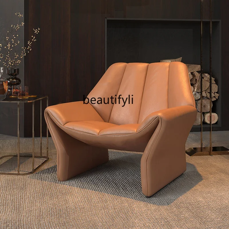 

Design sense leather single sofa chair minimalist light luxury high-end, large flat floor living room advanced seat single chair