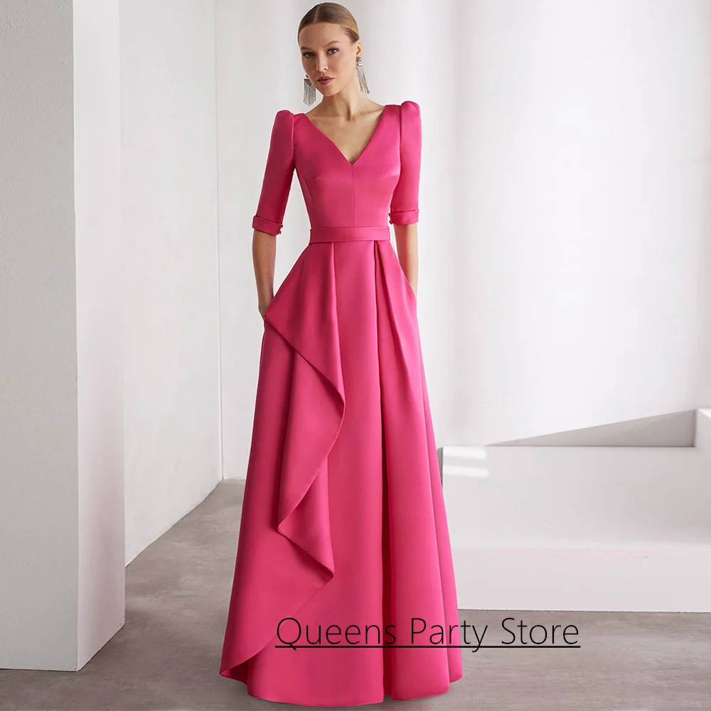 Vestido fúcsia para mãe da noiva, personalizado, meia manga, decote em V, babados, linha A, comprimento até o chão, cetim, vestido de festa de casamento