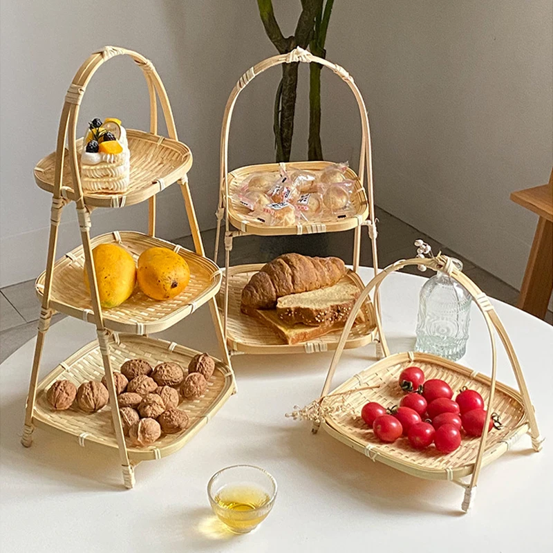 1/2/3 Layer Handwoven Fruit Basket Food Standing Tray Bread Snack Dessert Bamboo Serving Tray Home Kitchen Storage Basket