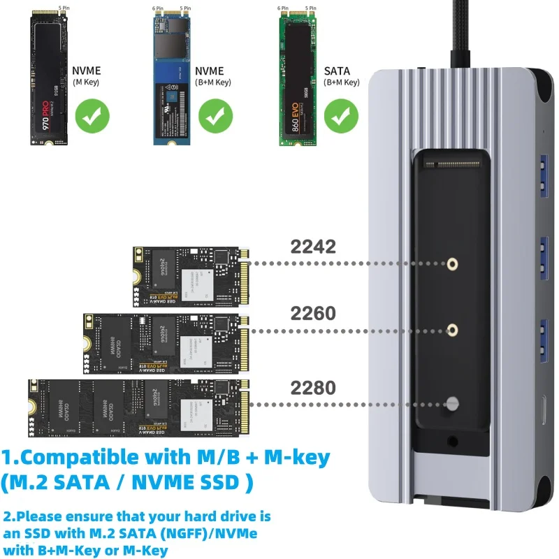 Imagem -04 - Adaptador Splitter Hub para pc Laptop Expansor de Áudio Usb 3.0 c Rj45 Gigabit Ethernet pd 100w 3.5 mm M.2 Nvme Sata Ssd Port 12 em 1