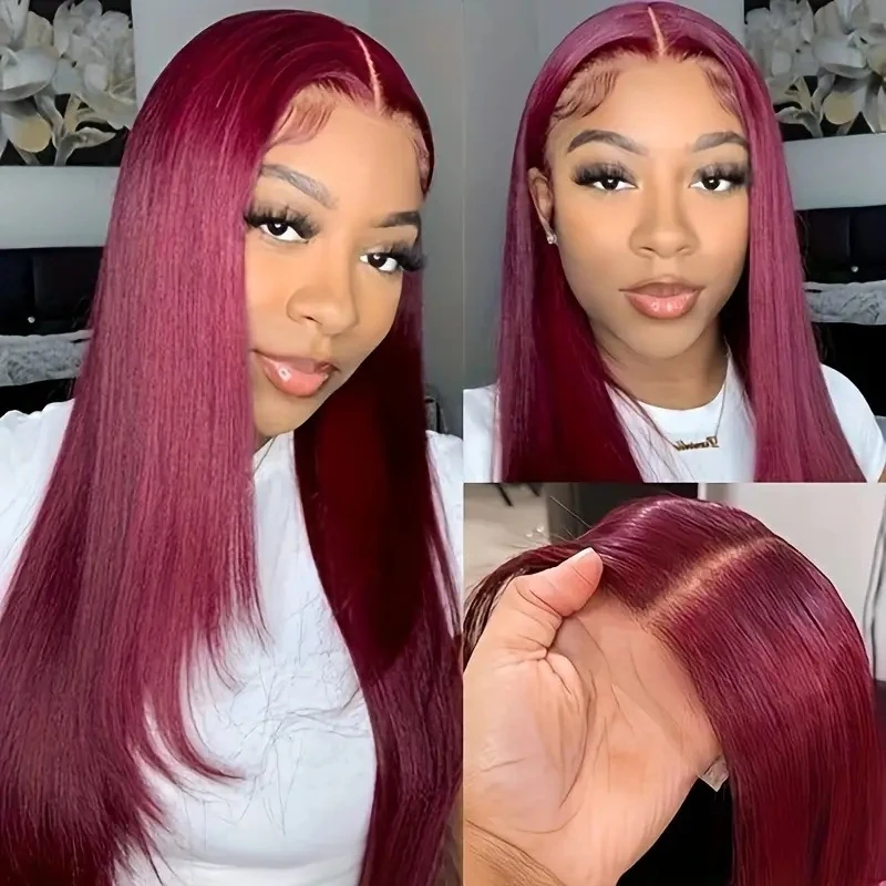 

New stylish burgundy , middle-parted long straight hair, full lace front wig