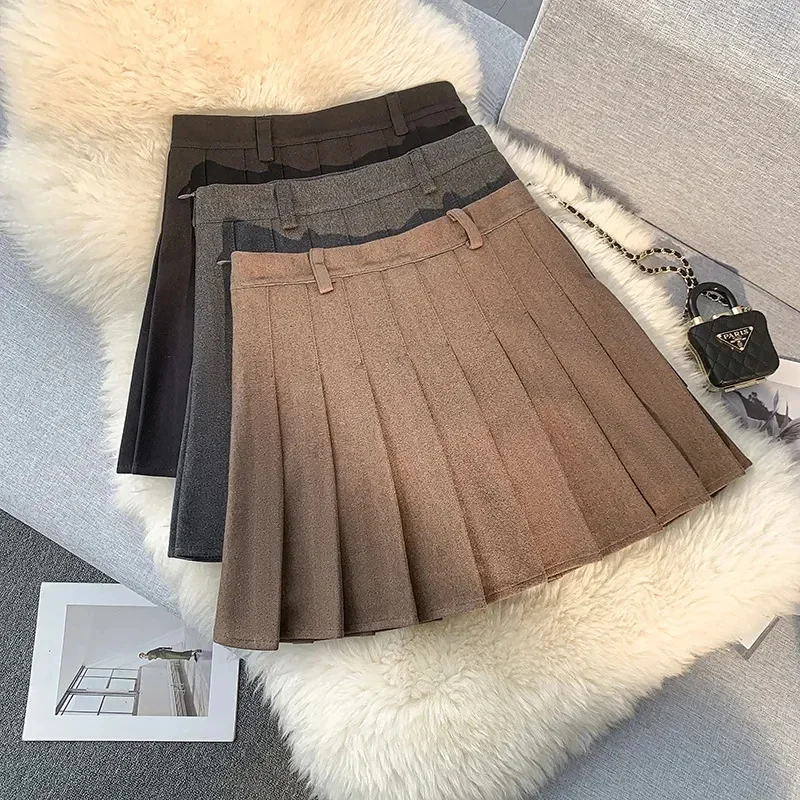 High Waist Faux Fur Pleated Skirts Women Y2K Fall Winter Thick Solid Mini Skirts Ladies Sweet Preppy All-Match A Line Skirts New