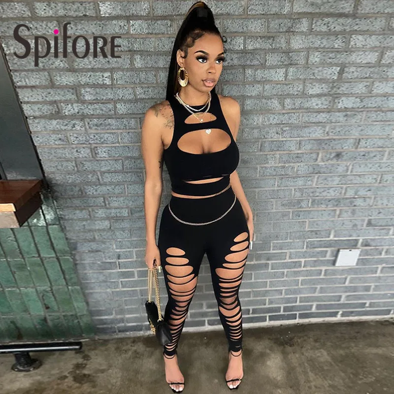 

Spifore Sexy Cut Out Women's Two Piece Set O Neck Sleeveless Crop Top High Waist Hollow Out Pants Party Club Matching Suits