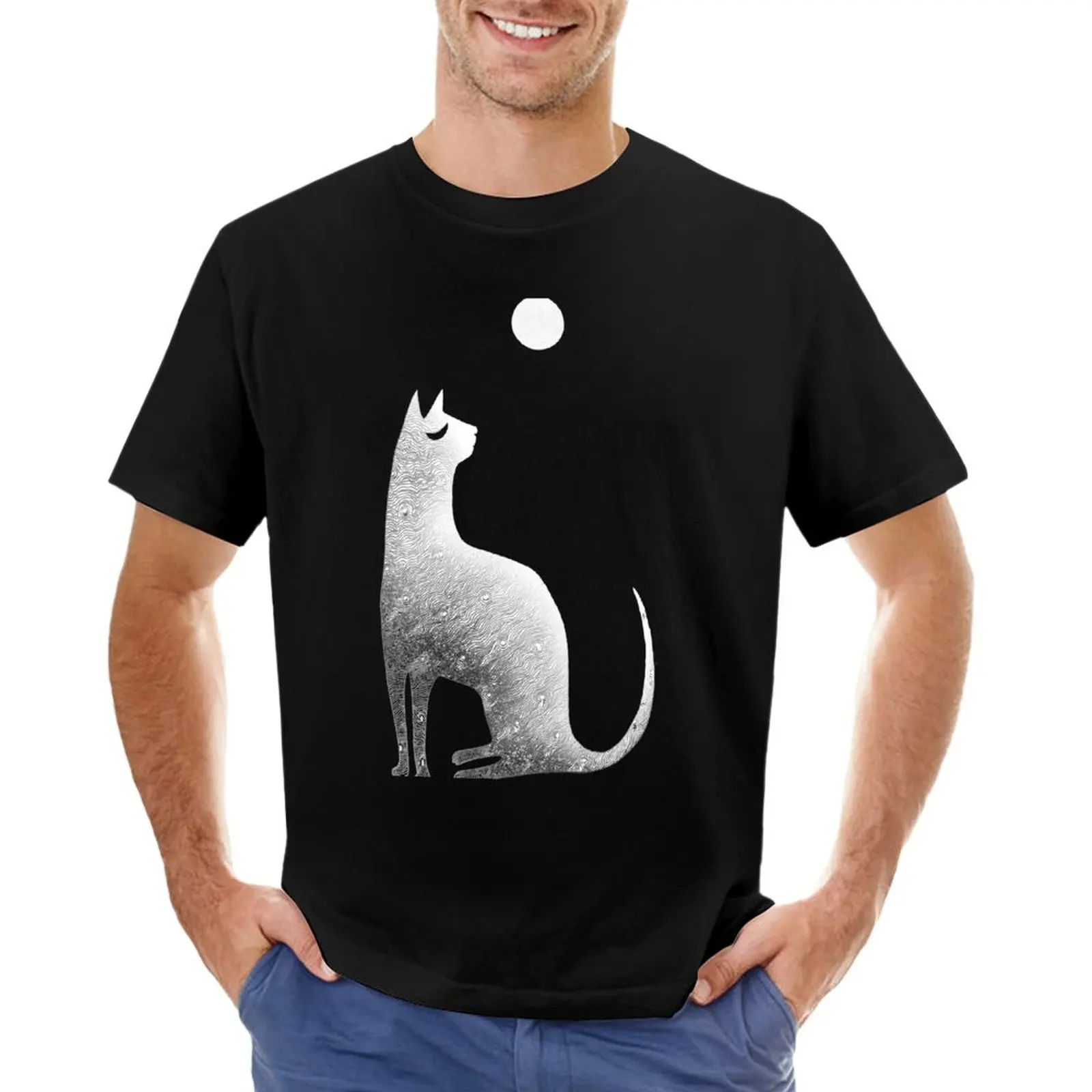 

Ghost Cat and Moon in black and white T-Shirt hippie clothes graphics mens workout shirts