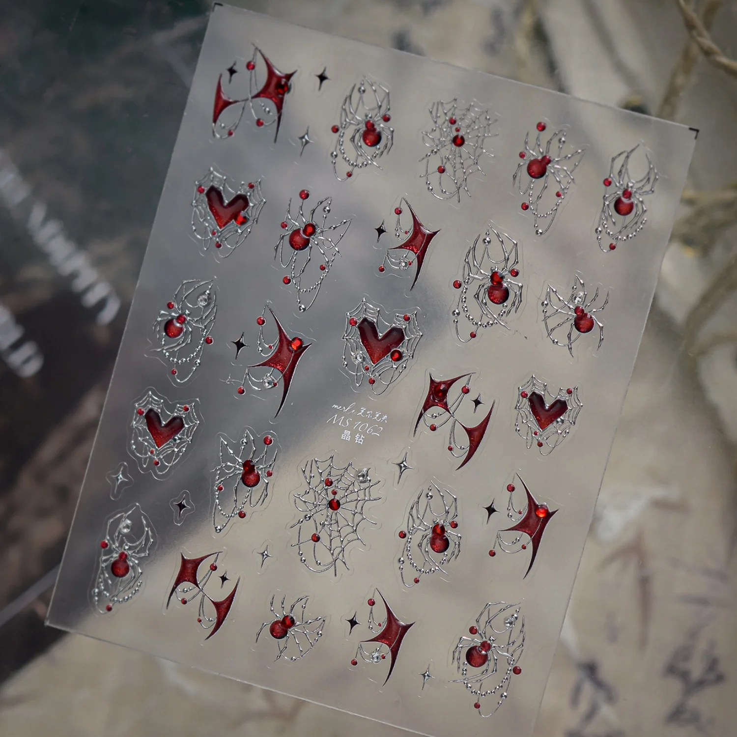 Dark Silver Blue Red Spider Hollow Web Sharp Heart Frame Quad Star Gothic Halloween 5D Nail Art Stickers Self Adhesive Manicure