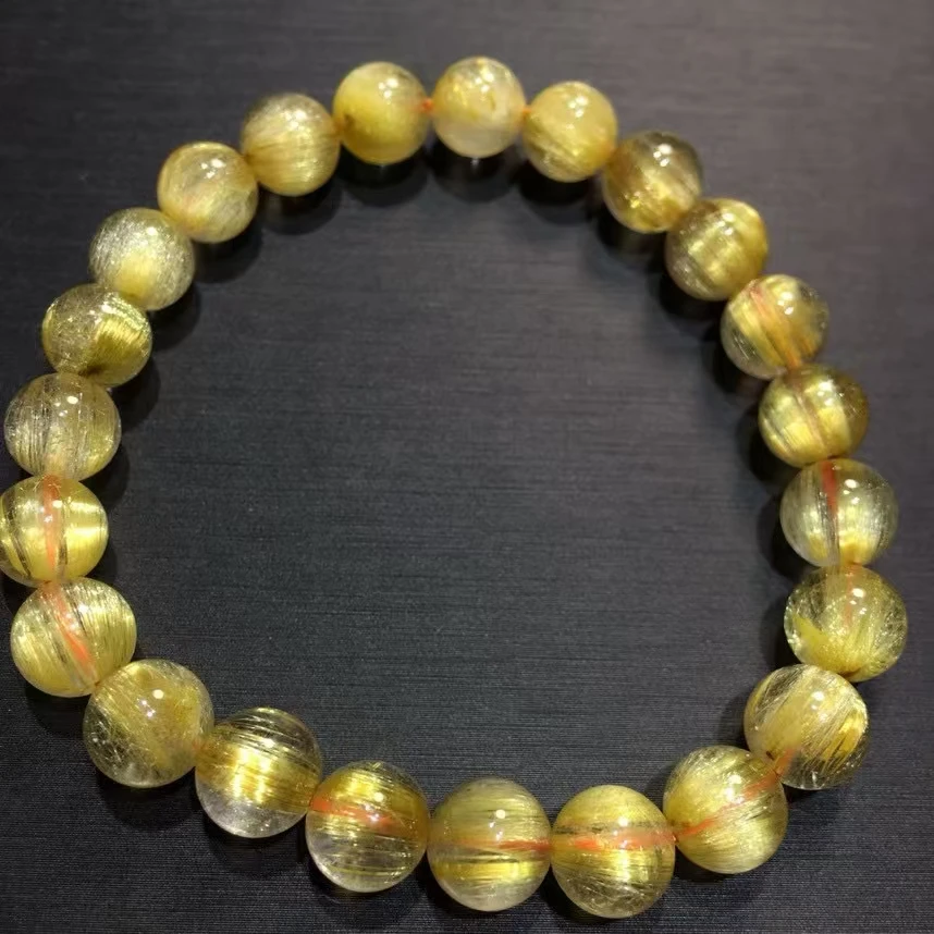 Natural Gold Rutilated Quartz Titanium Clear Bracelet 8mm Wealthy Woman Men Clear Round Beads Jewelry Brazil AAAAAAA